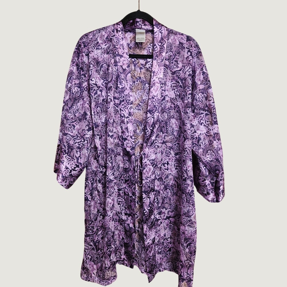 Sophia by Delicates Purple Paisley Satin Sheer Kimono Robe Medium Womens